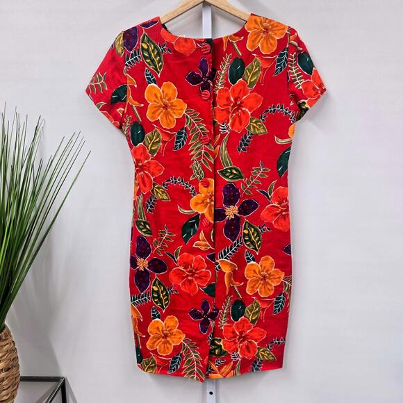 Vintage Liz Claiborne Petite Floral Linen Dress - Vibrant Red Floral - Picture 5 of 6
